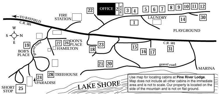 Pine River Lodge cabin map.
