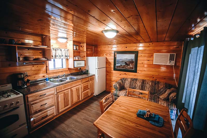 Cabin kitchen and dining table.