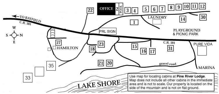 Updated map of the Pine River Lodge grounds.